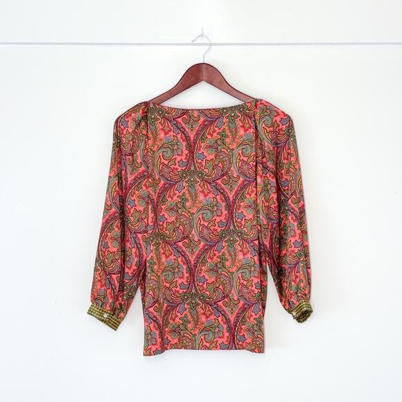 LOFT Paisley Satin Long Sleeve Blouse Boho Colorful Office Festive Red Green XS - Picture 4 of 7